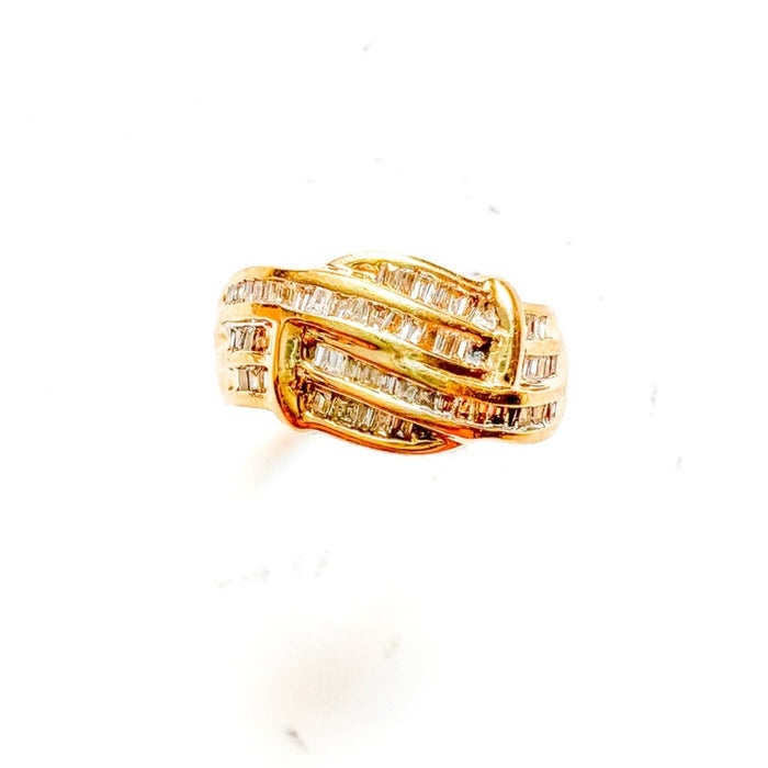 14K Yellow Gold Baguette Diamond Crossover Vintage Ring