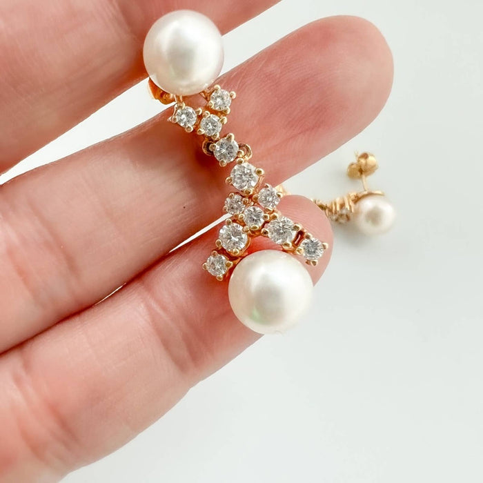 14K Yellow Gold Cultured Freshwater Pearl and Diamond Drop Vintage Earrings