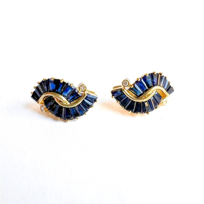 14K Yellow Gold Baguette Sapphire and Diamond Earrings