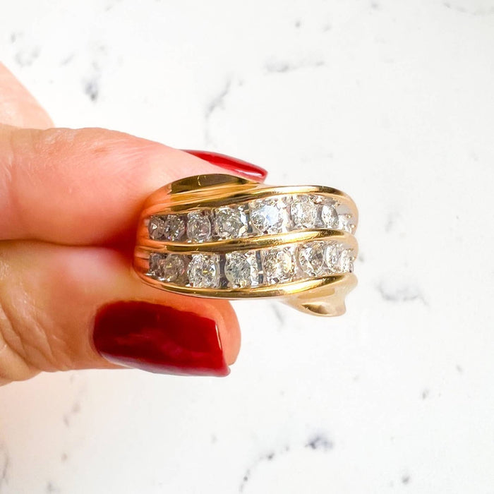 Vintage Two Row Diamond Ring 10K Yellow Gold