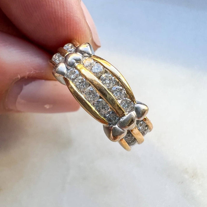 Vintage 14K Two Tone Gold 2 Row Diamond Band Ring