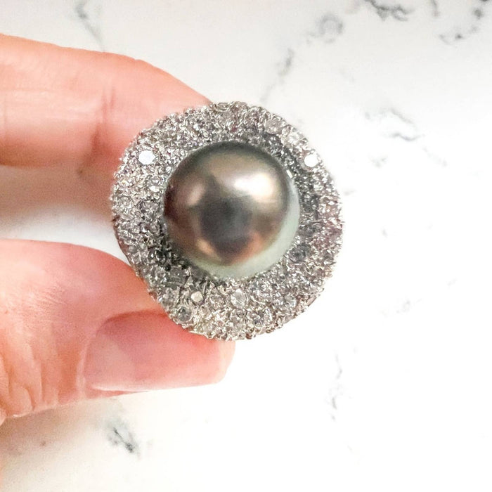 18K White Gold Tahitian Pearl And Diamond Cocktail Ring