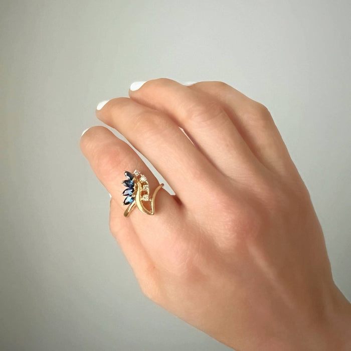 14K Yellow Gold Marquise Sapphires and Diamond Cluster Cocktail Ring