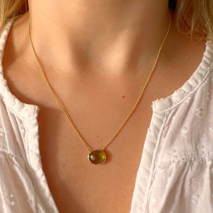 Cabochon Peridot East and West Necklace 14k Gold