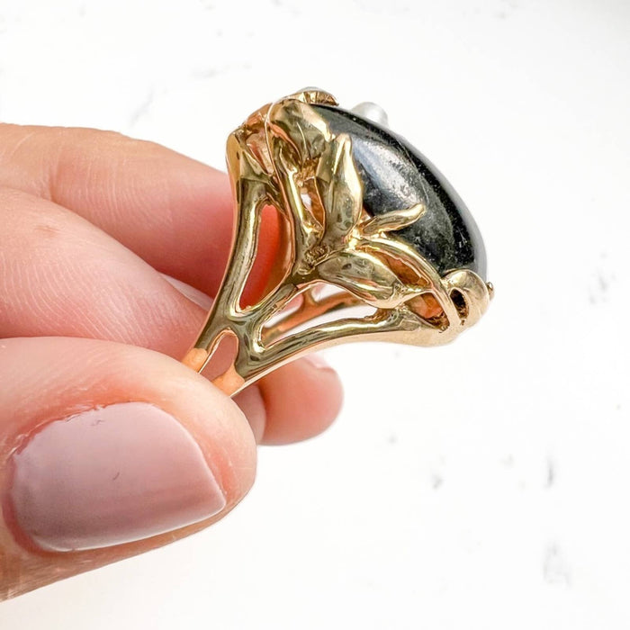 Vintage Onyx & Pearl Cocktail Ring 14K Yellow Gold