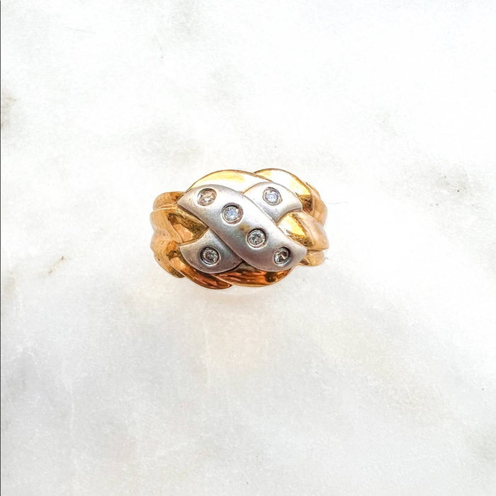 Vintage 14K Two Tone Gold X Diamond Puff Ring