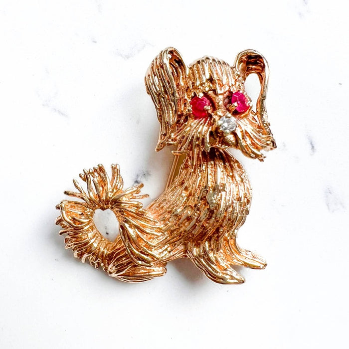 Ruby and Diamond Dog Vintage Pin Brooch 14K Yellow Gold