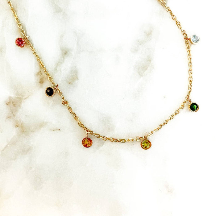 14K Yellow Gold Bezel Set Multi Gemstone Dangle Necklace