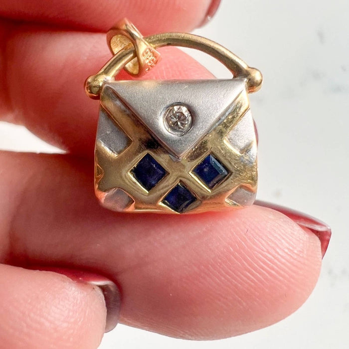 Vintage 14K Gold Sapphire and Diamond Purse Pendant