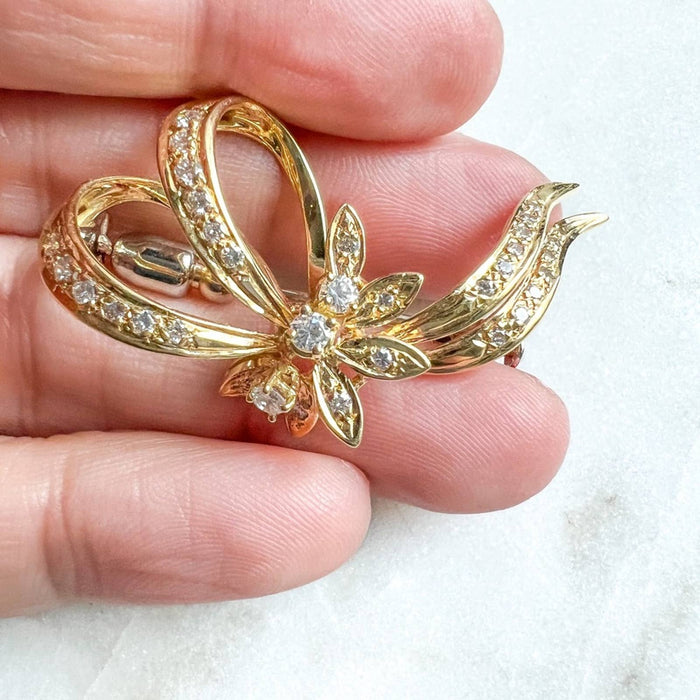 Vintage 14K Yellow Gold Diamond Ribbon Pin Brooch