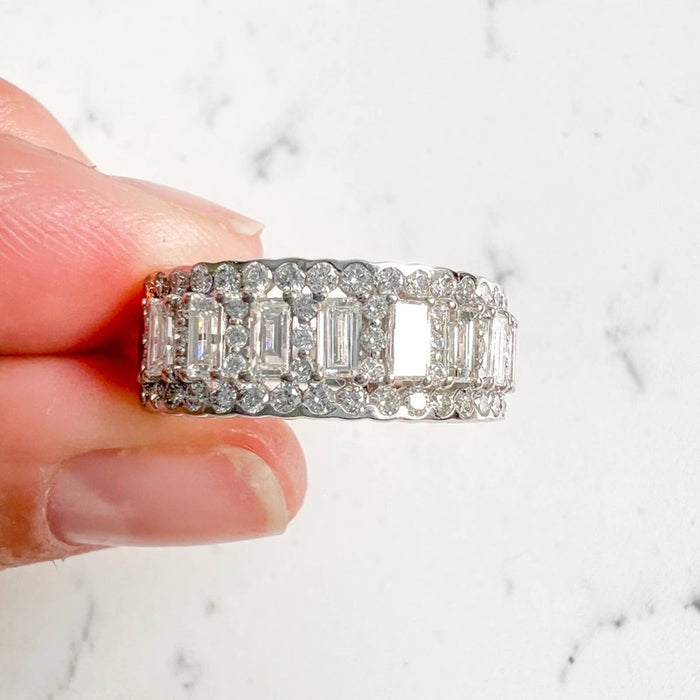 14K White Gold Baguette and Round  Diamond Band Ring