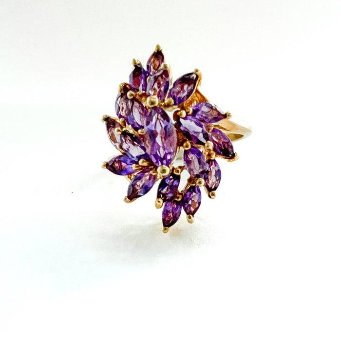 Vintage 14k Yellow Gold Marquise Amethyst Cluster Ring