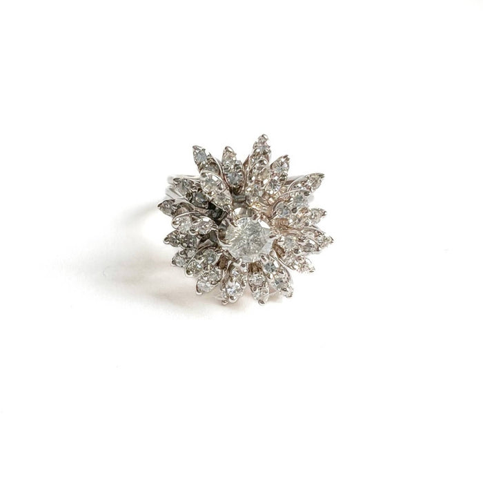 14K White Gold  Diamond Cocktail Flower Ring