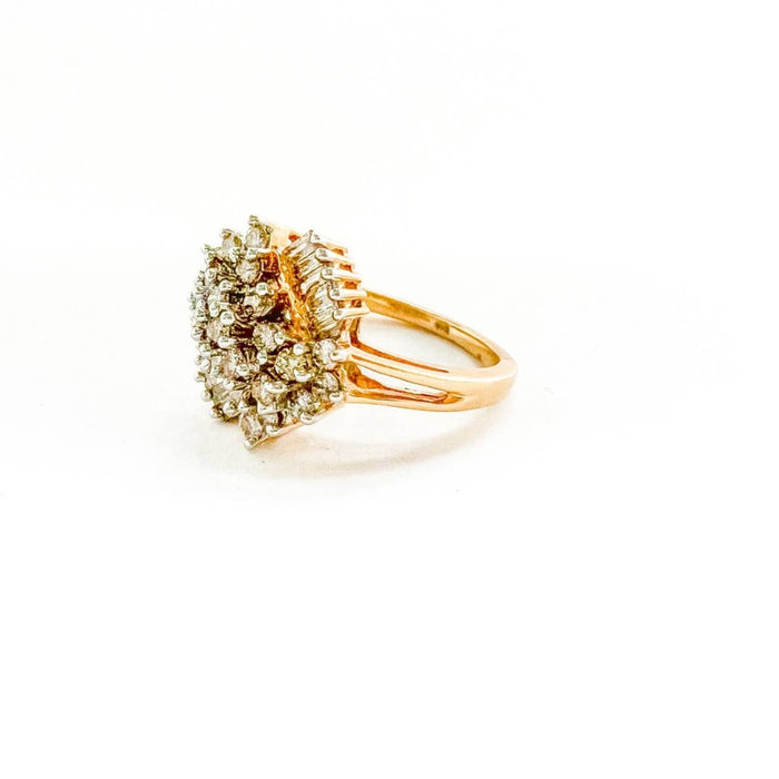 14K Yellow Gold Cluster Ring with Round and Baguette Diamond