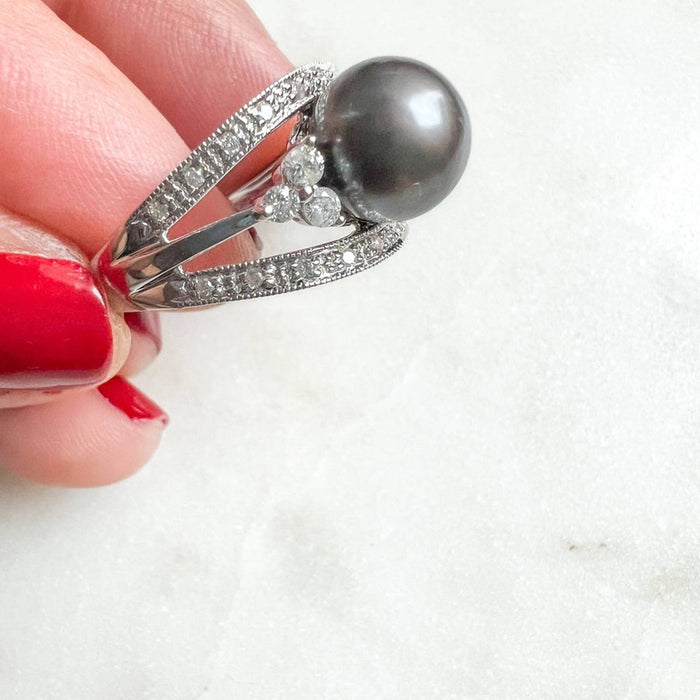 Tahini Pearl and Diamond Vintage Ring 14K White Gold