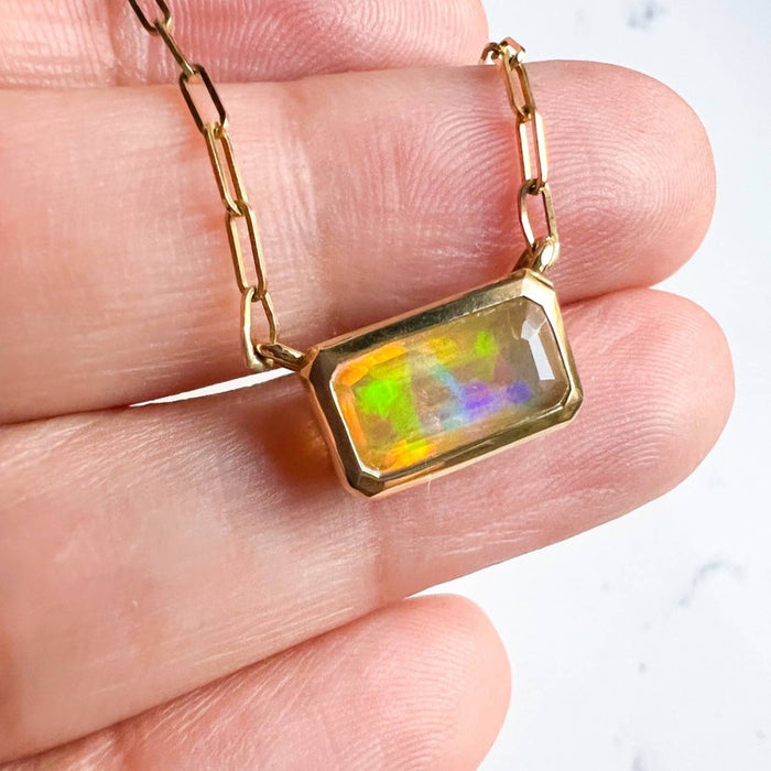 14K Yellow Gold Fire Opal Pendant Paperclip Necklace