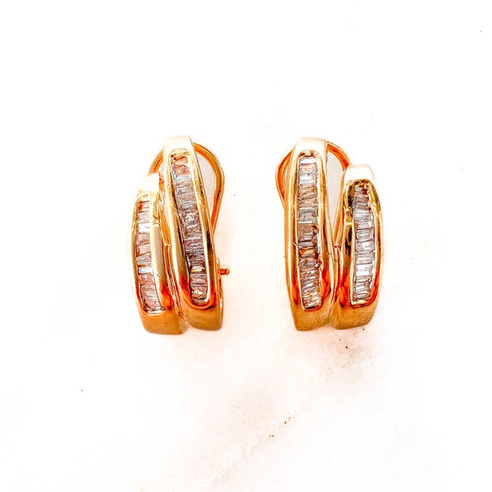 14K Yellow Gold Baguette Diamond Clip On Earrings