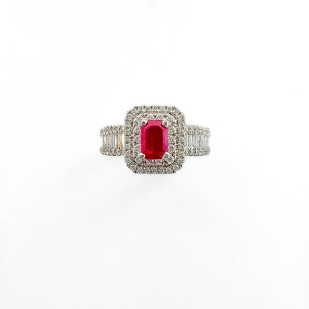  Emerald Cut Ruby and Diamond Halo Engagement Ring in 14K White Gold