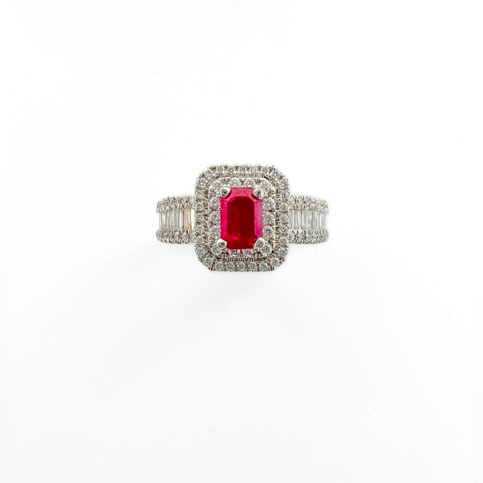  Emerald Cut Ruby and Diamond Halo Engagement Ring in 14K White Gold