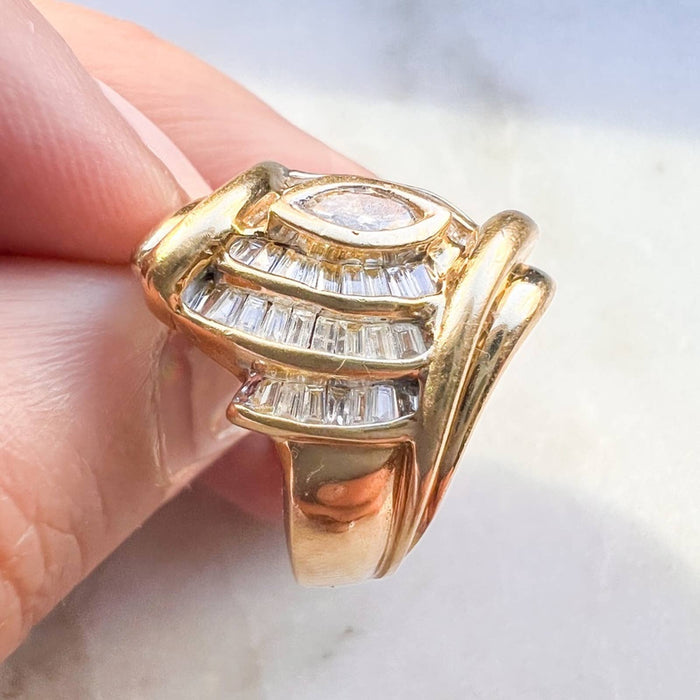 Vintage 14K Yellow Gold Marquise and Baguette Diamond Cocktail Ring