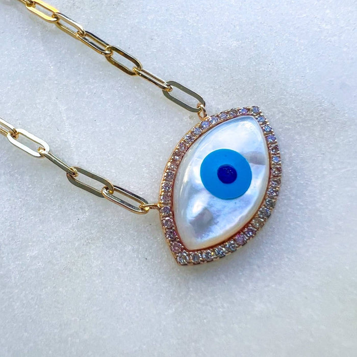 Mother Of Pearl Evil Eye Diamond Charm in a Paperclip Necklace  14K Yellow Gold