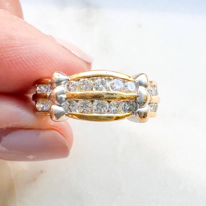 Vintage 14K Two Tone Gold 2 Row Diamond Band Ring