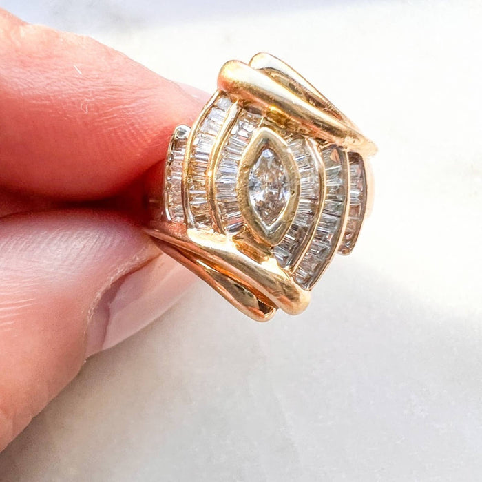 Vintage 14K Yellow Gold Marquise and Baguette Diamond Cocktail Ring