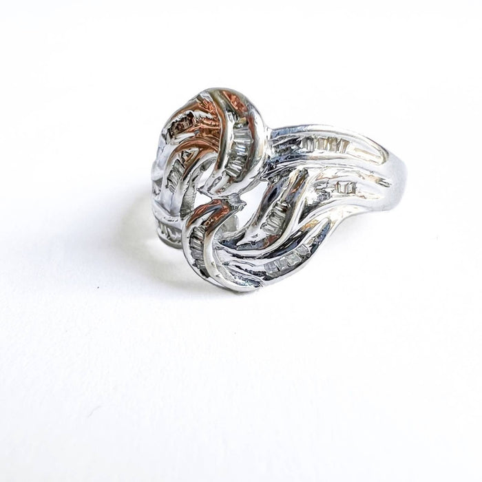 14K White Gold Baguette Diamond Swirl Vintage Ring