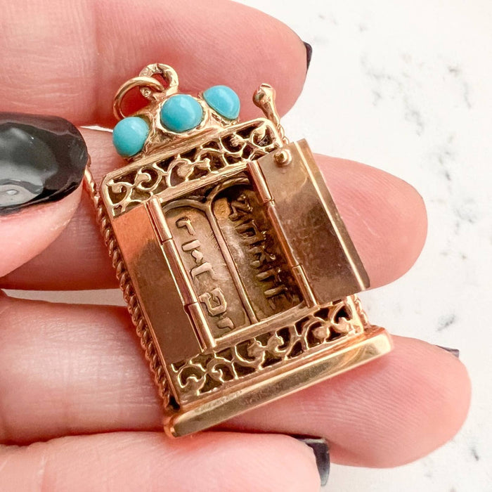 Vintage 14K Rose Gold Turquoise Torah Pendant