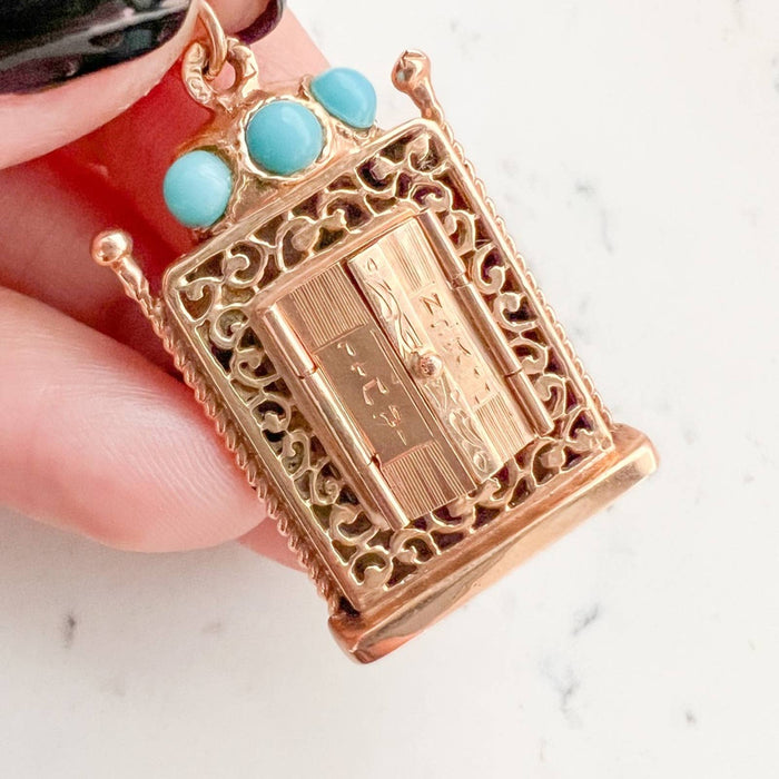 Vintage 14K Rose Gold Turquoise Torah Pendant