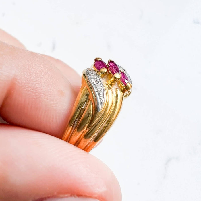 18K Yellow Gold Marquise Ruby and Diamond Vintage Band Ring