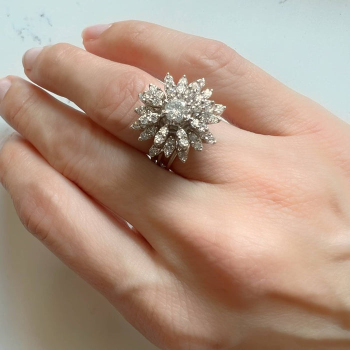 14K White Gold Diamond Cocktail Flower Ring