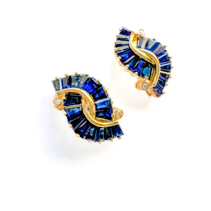 14K Yellow Gold Baguette Sapphire and Diamond Earrings