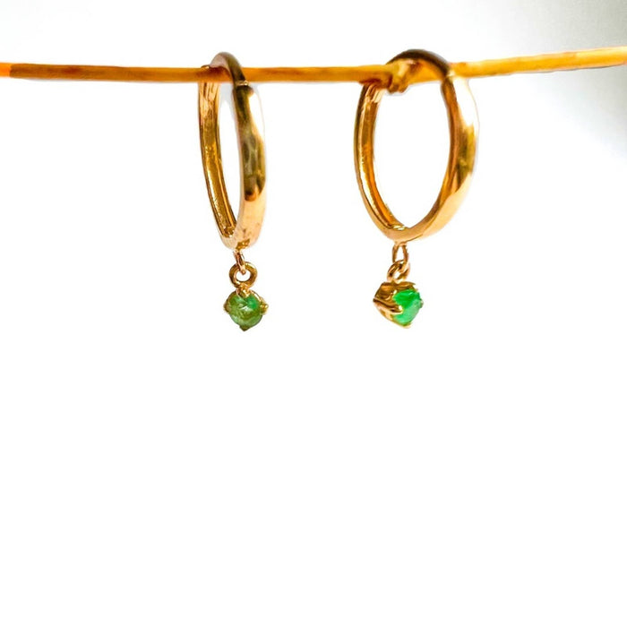 14K Yellow Gold Dangle Emerald Hoops