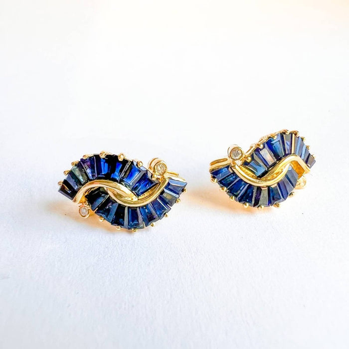 14K Yellow Gold Baguette Sapphire and Diamond Earrings