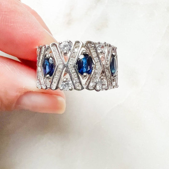 Art Deco Oval Sapphire and Diamond 14K White Gold Vintage Ring