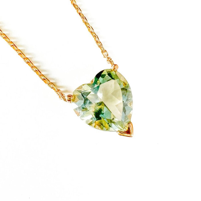 Green Amethyst Heart Necklace 14K Yellow Gold