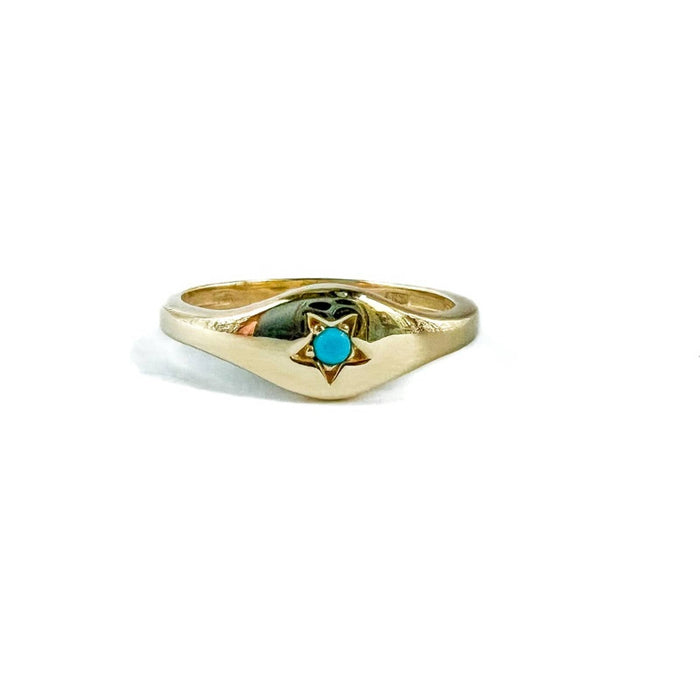 14K Yellow Gold Turquoise Star Dainty Signet Ring