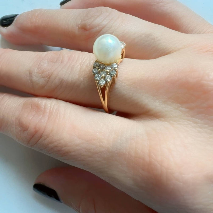 Pearl And Diamond Engagement Ring in 14K Yellow Gold