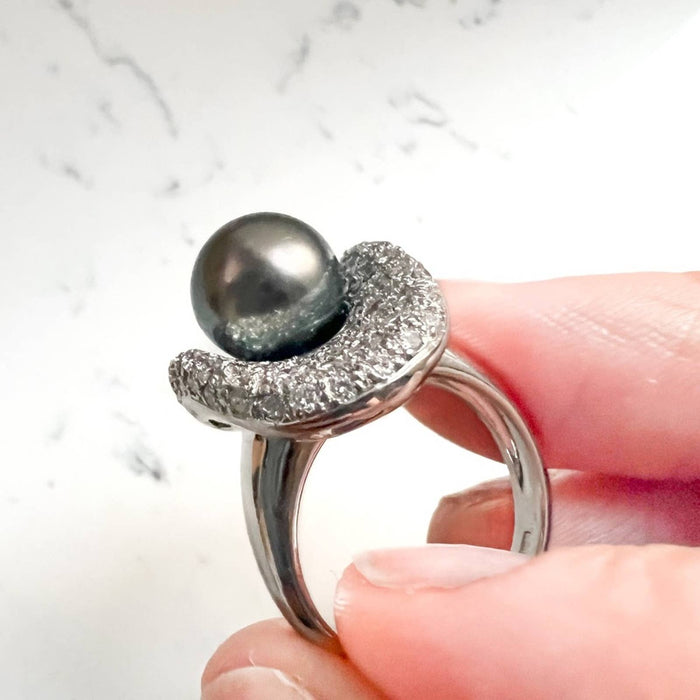 18K White Gold Tahitian Pearl And Diamond Cocktail Ring