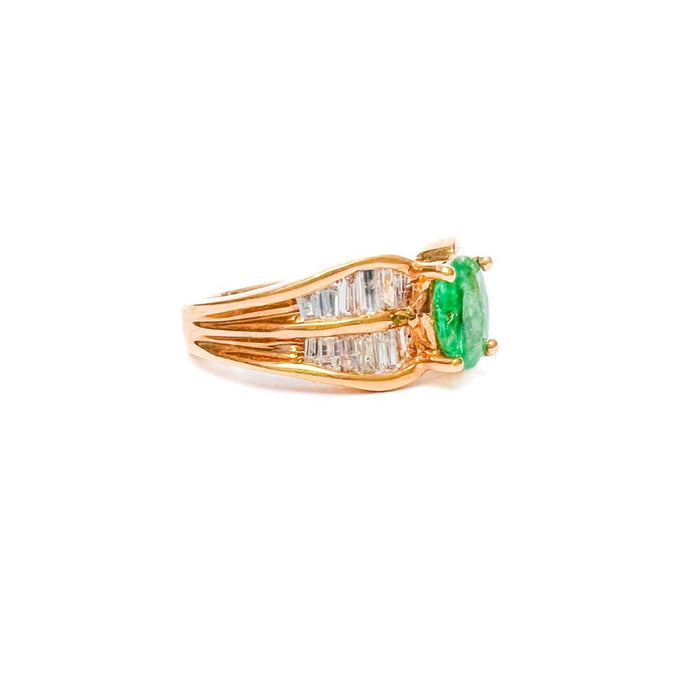 Emerald and Baguette Diamond Vintage Ring 18K Yellow Gold