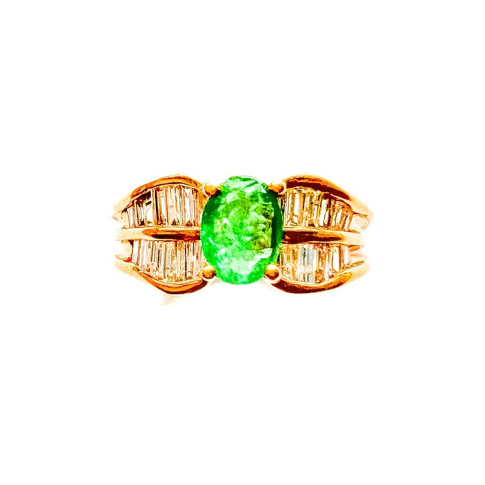 Emerald and Baguette Diamond Vintage Ring 18K Yellow Gold