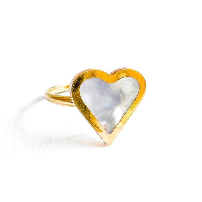 Mother Of Pearl Enamel Heart Ring 14K Gold