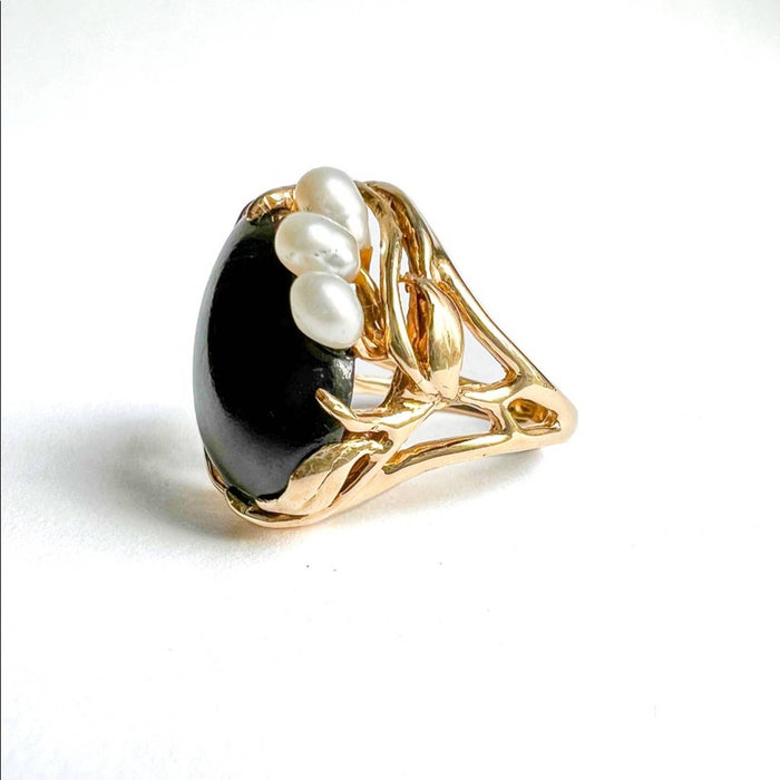 Vintage Onyx & Pearl Cocktail Ring 14K Yellow Gold