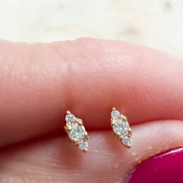 Tiny Diamond Trio Stud Earrings 14K Yellow Gold.