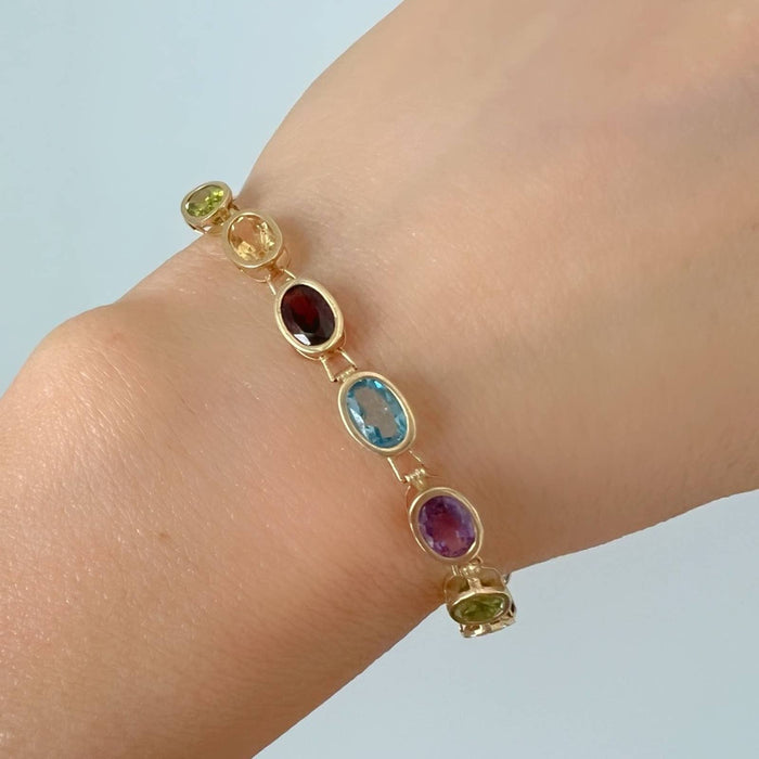 Vintage 14k Yellow Gold Oval Gemstone Rainbow Bracelet