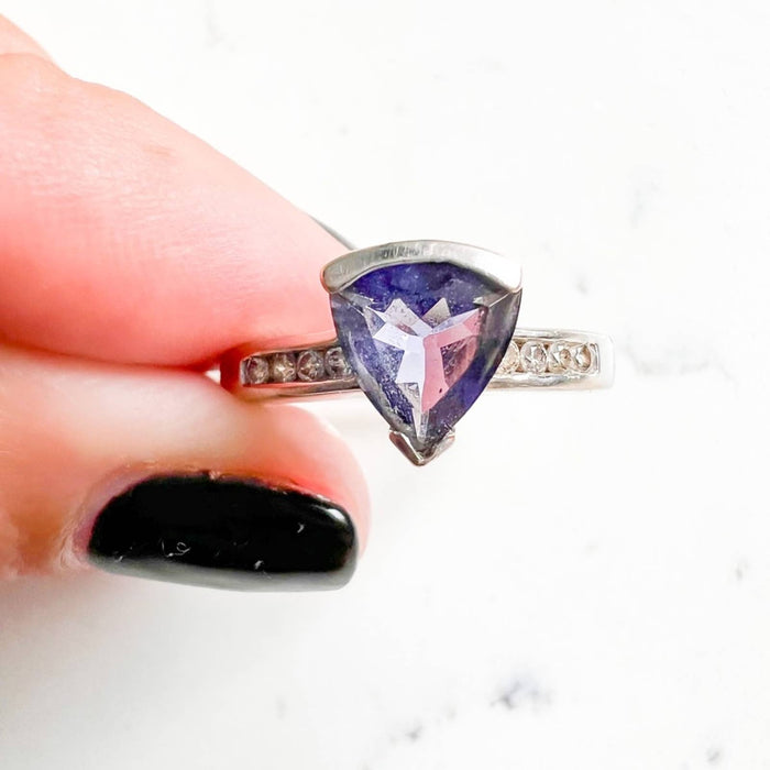 Trillion Tanzanite Solitaire Ring with Diamond Accents in 10K White Gold