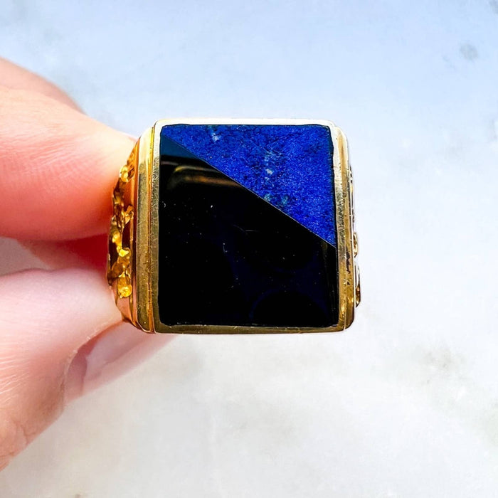 14K Yellow Gold Lapis Lazuli Onyx Signet Men Ring