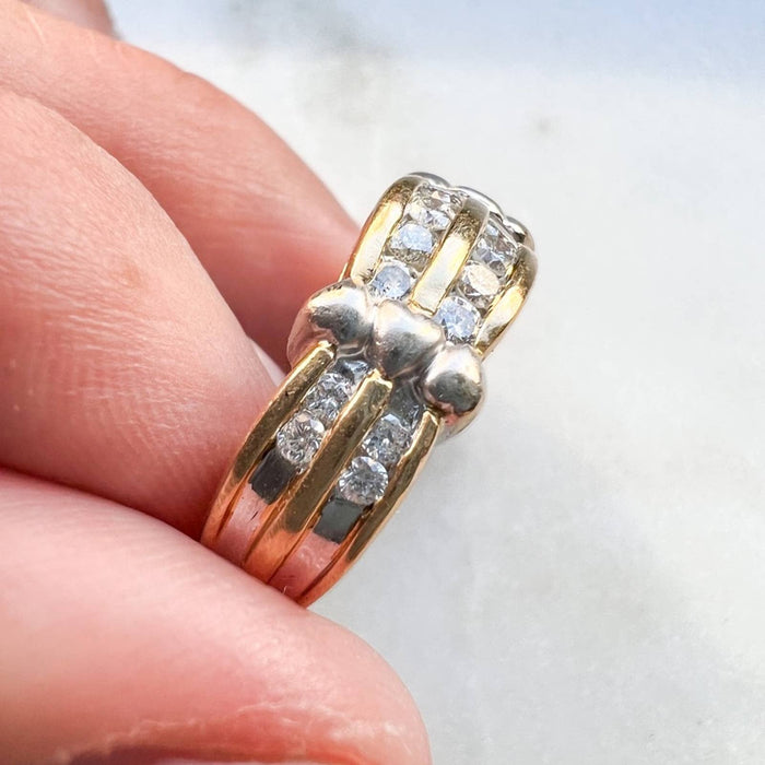 Vintage 14K Two Tone Gold 2 Row Diamond Band Ring