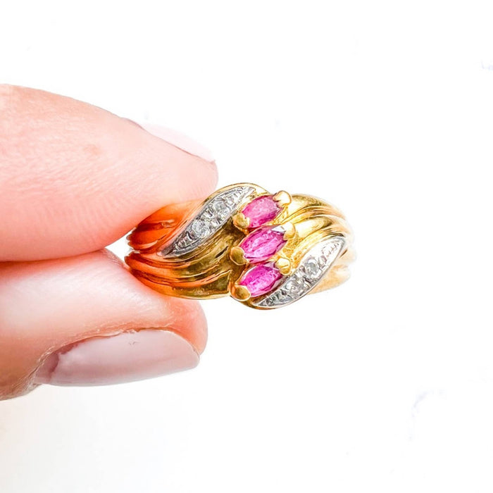 18K Yellow Gold Marquise Ruby and Diamond Vintage Band Ring